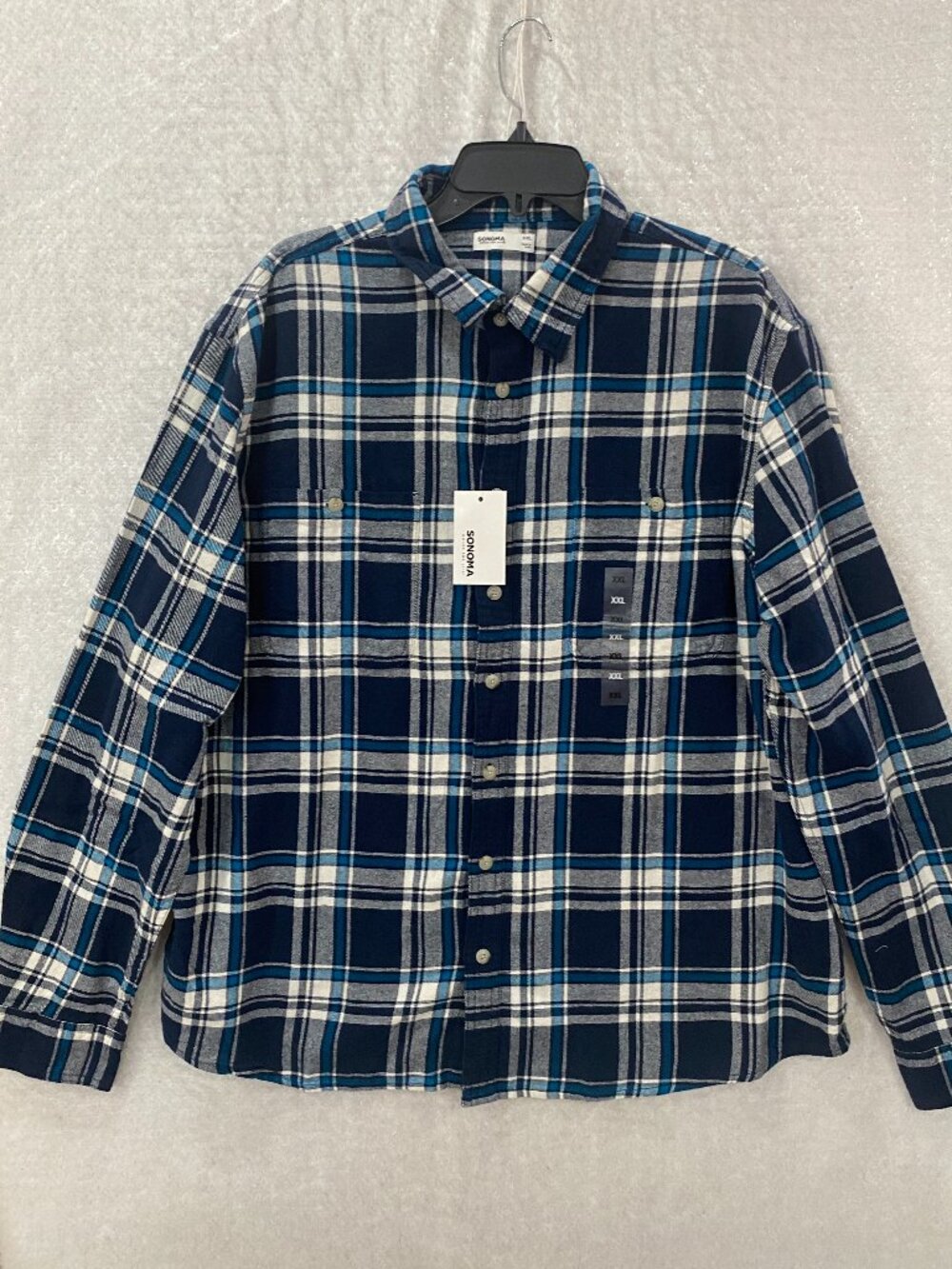 Men's Sonoma Flannel Shirt Button Up XXL 2 Pockets Blue Tartan Plaid.